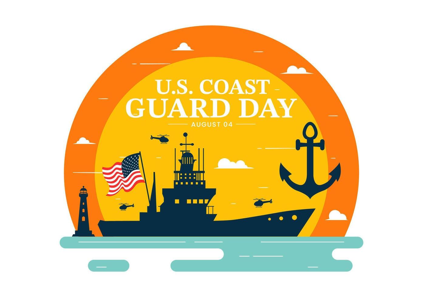 Celebrating Coast Guard Day on August 4 with US Flag and Naval Vessel in Flat Design vector