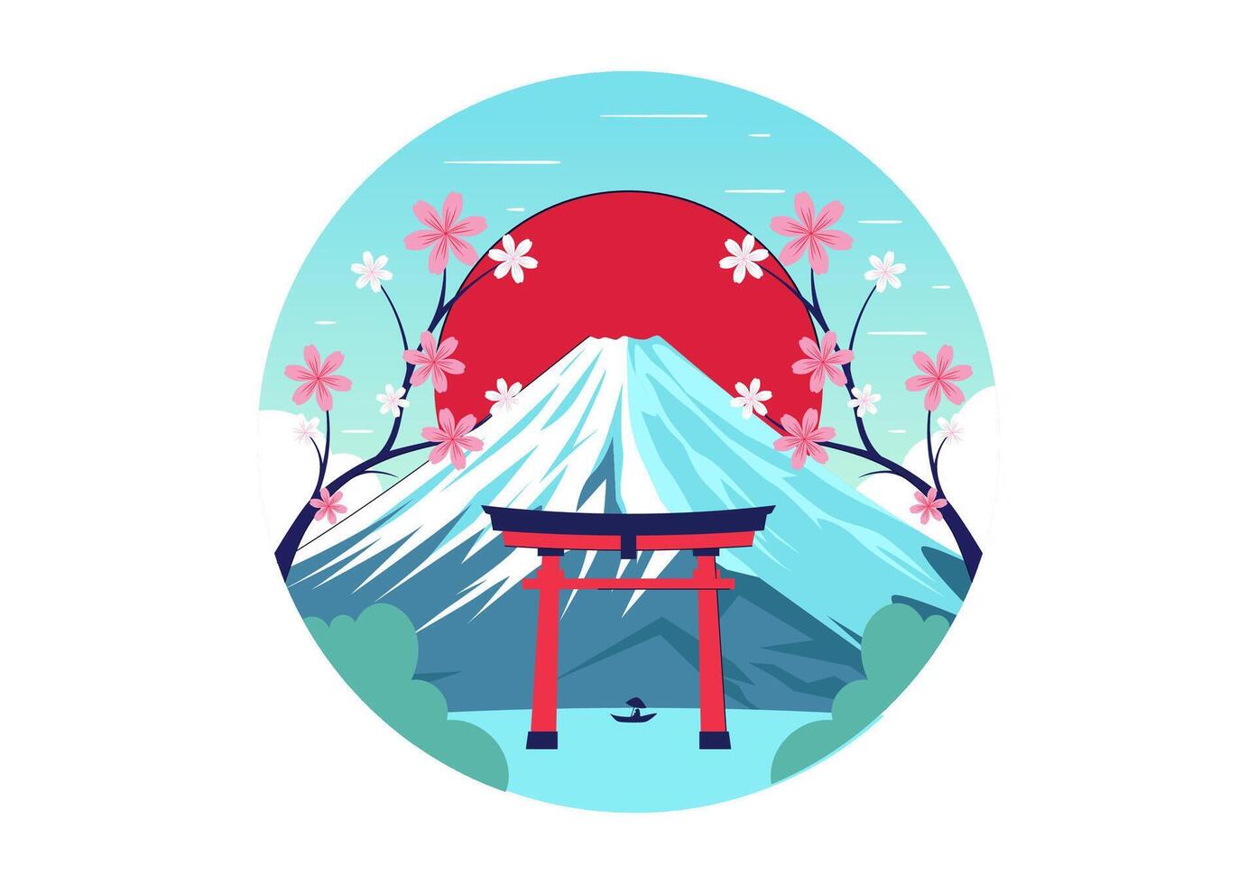 Illustration of Japan's Mountain Day with Mount Fuji, Sakura Flowers, and Blue Sky vector