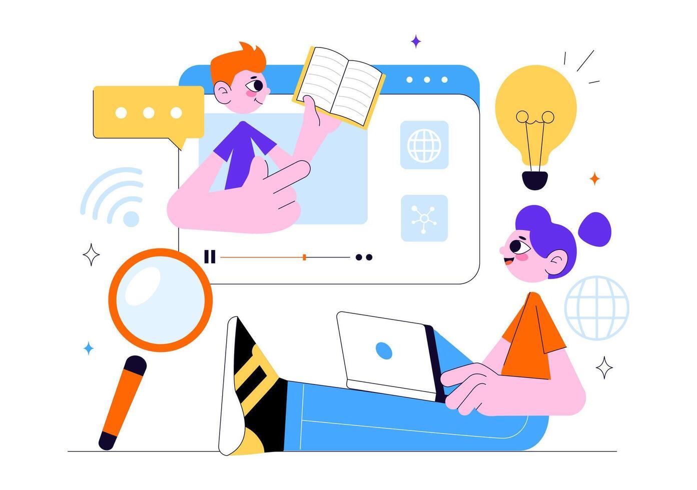 Online Knowledge Platform with Students and Educational Books in Design vector