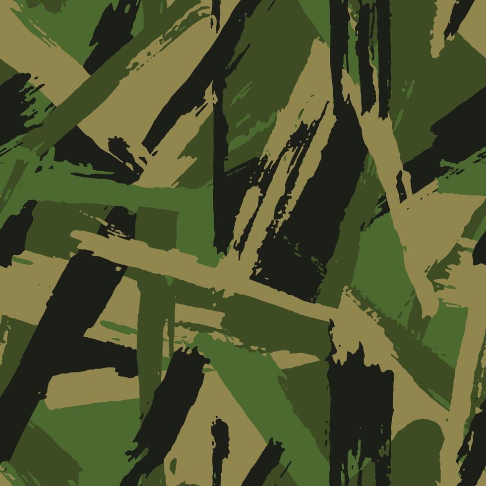 Grunge green camouflage background. Camo strokes pattern, fabric print. Seamless military texture wallpaper vector