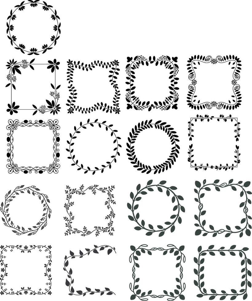 Solid black silhouette icon set of decorative vine frames on a white background. vector