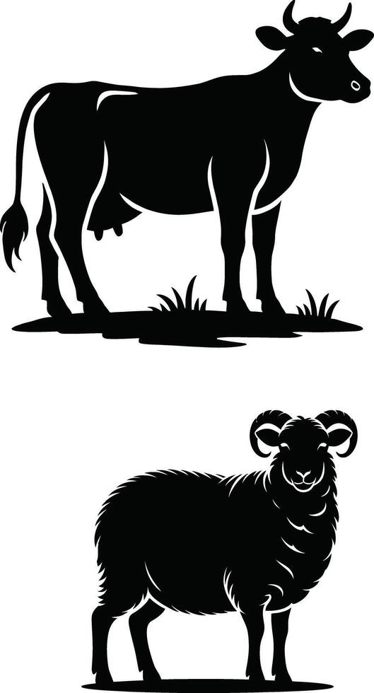 black and white silhouette of a cow and a sheep vector