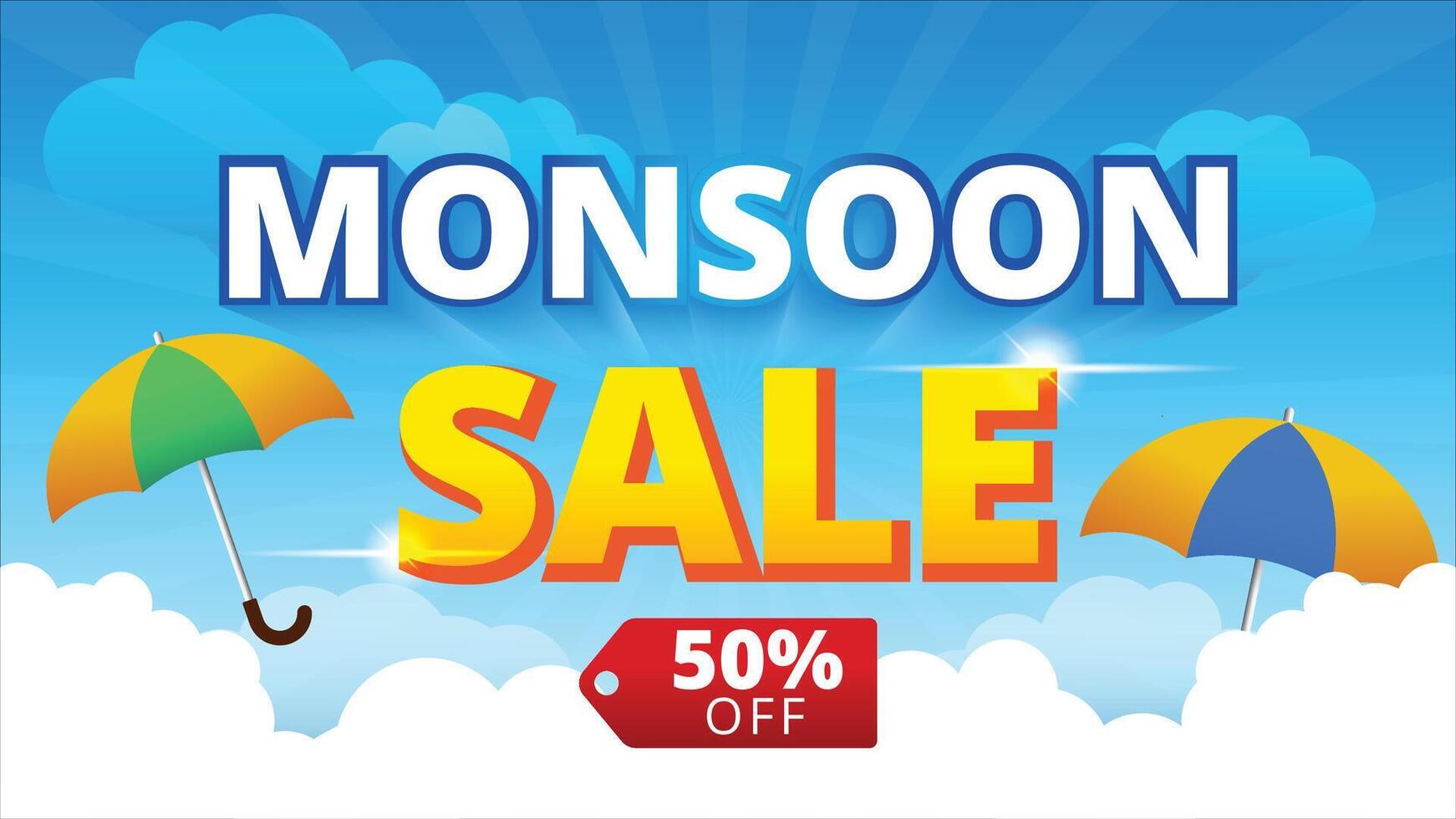 monsoon sale banner with umbrella and cloud background vector