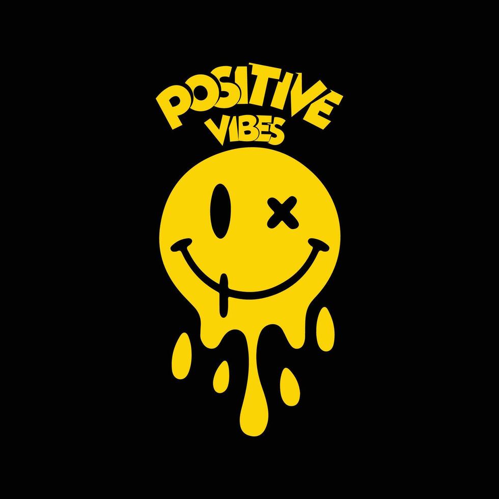 Positive vibes typography and happy face emoji minimal tshirt design. vector