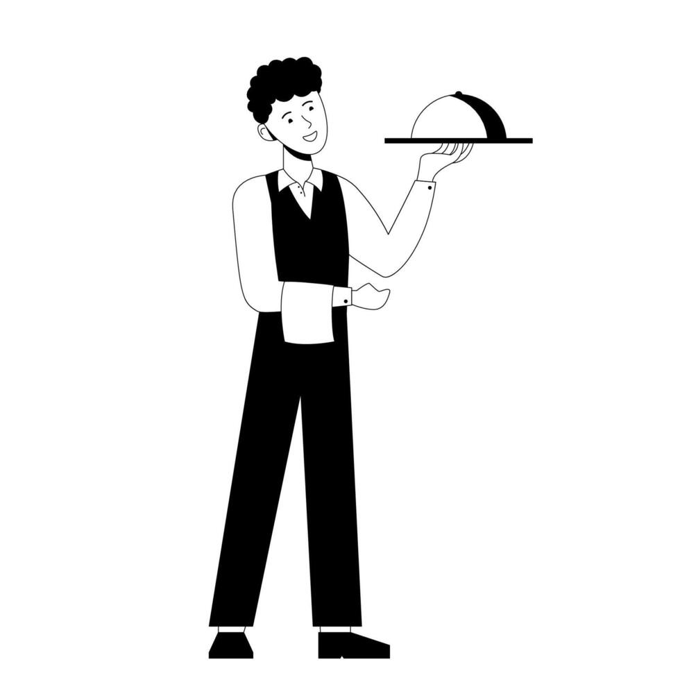 Flat illustration of smiling waiter holding a tray with cloche vector