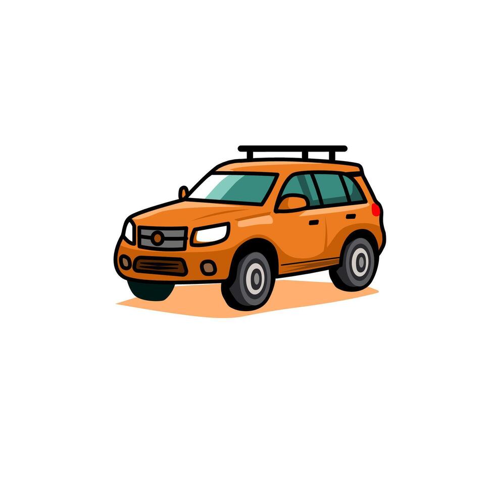 A cartoon-style orange SUV car in a dynamic three-quarter front view. This clean illustration is ideal for children materials, driving guides, vehicle icons, educational prints, or mobile games vector
