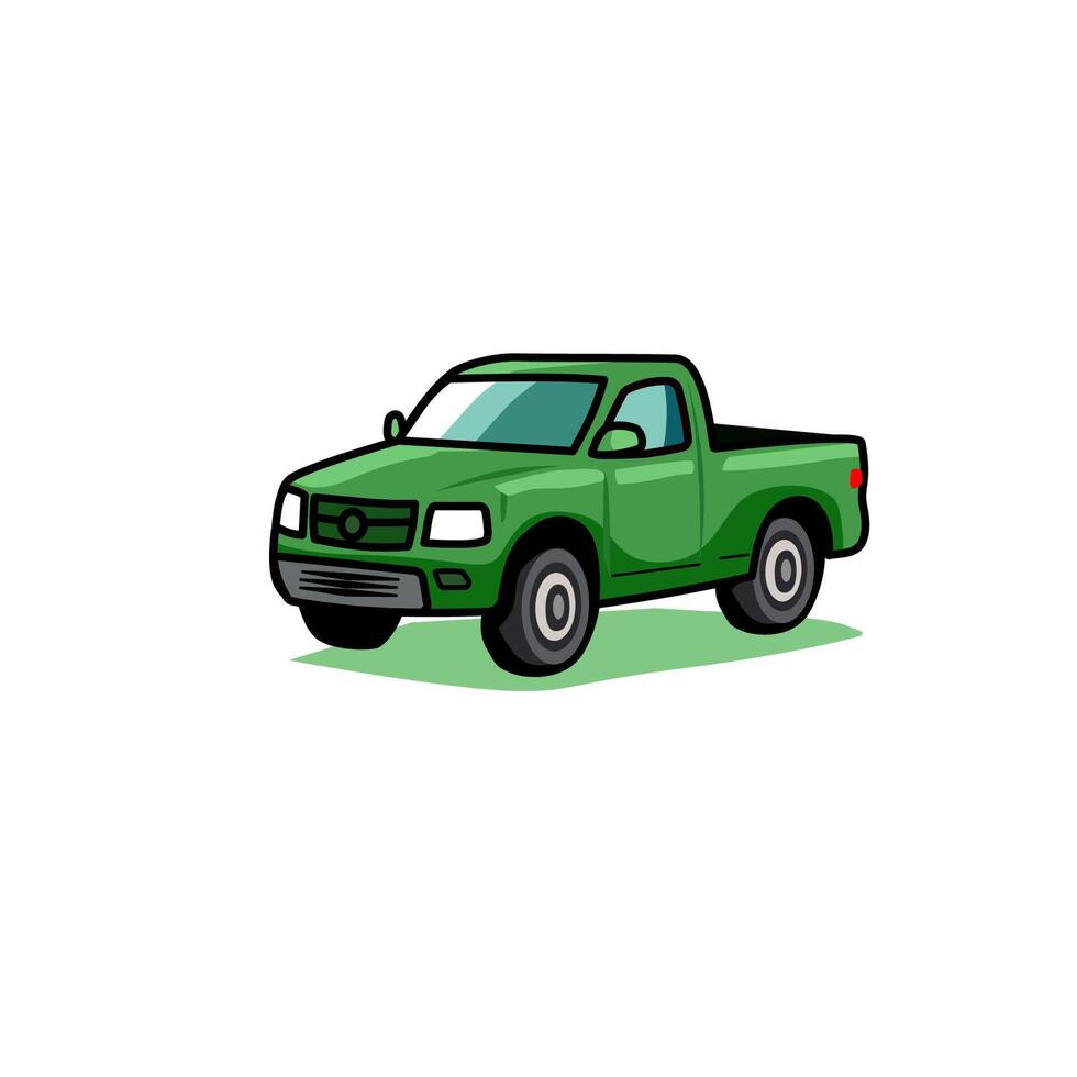 A cartoon-style green pickup truck in a three-quarter front view. This illustration features a cute and simplified design ideal for children books, educational posters, farming tools. vector