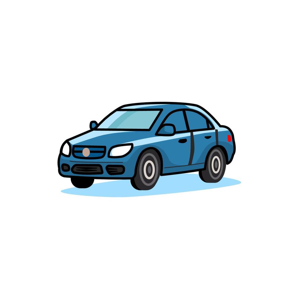 A playful cartoon-style blue car in a three-quarter front view. This illustration features a clean and simple design, perfect for educational materials, children's books, driving-related infographics. vector