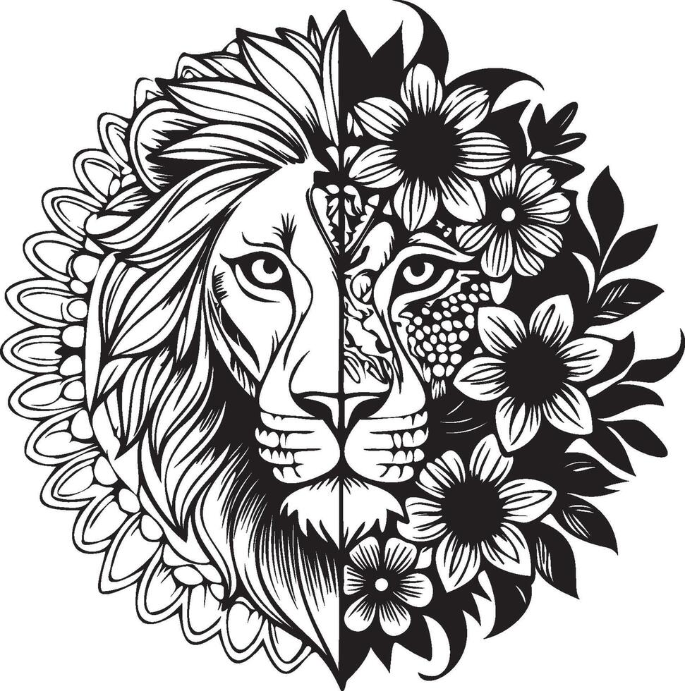 Half Lion Half Floral Artistic Design vector
