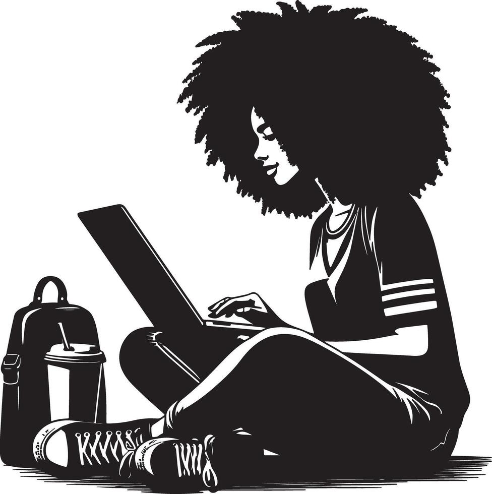 A woman with afro sitting cross legged using a laptop with backpack and sneakers near vector
