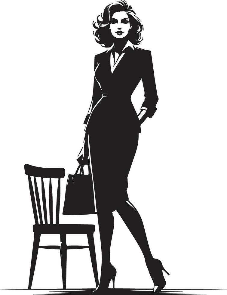 Elegant woman in business attire posing next to a chair with a handbag in monochrome vector