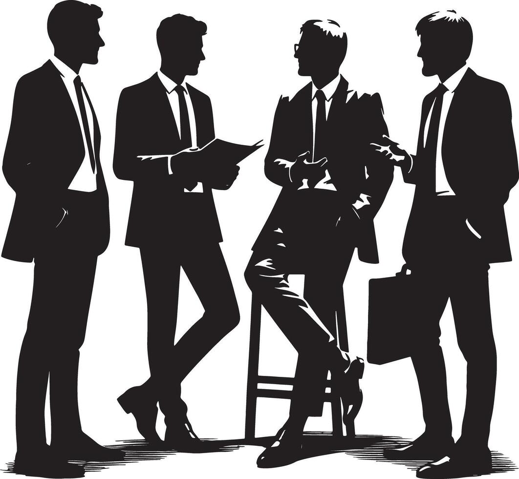 Silhouette illustration of four businessmen in suits discussing business matters together vector