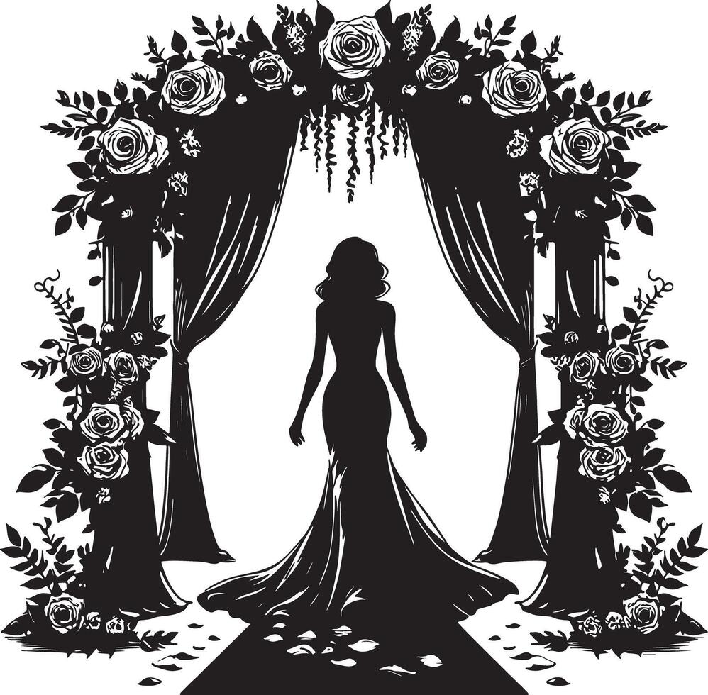 Silhouette of woman in gown under floral archway with draped curtains in monochrome vector