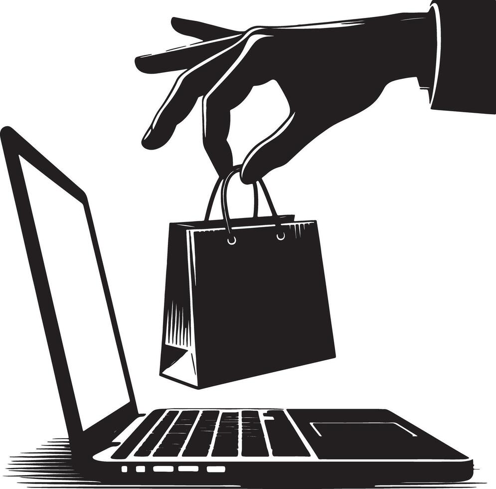 A hand holding a shopping bag above a laptop in a black and white illustration vector