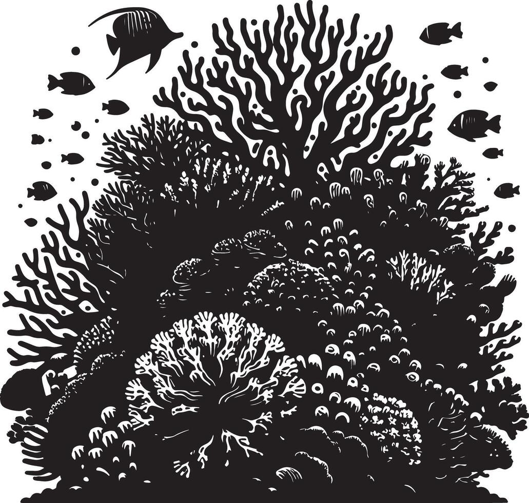 A monochrome illustration of a coral reef with various fish swimming around it vector