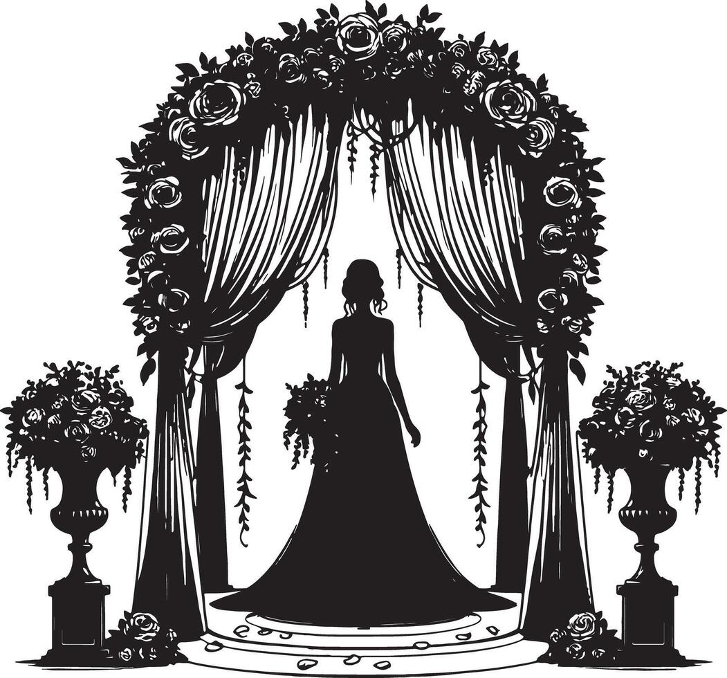 Silhouette of a bride under floral archway with draped curtains and flower vases art vector