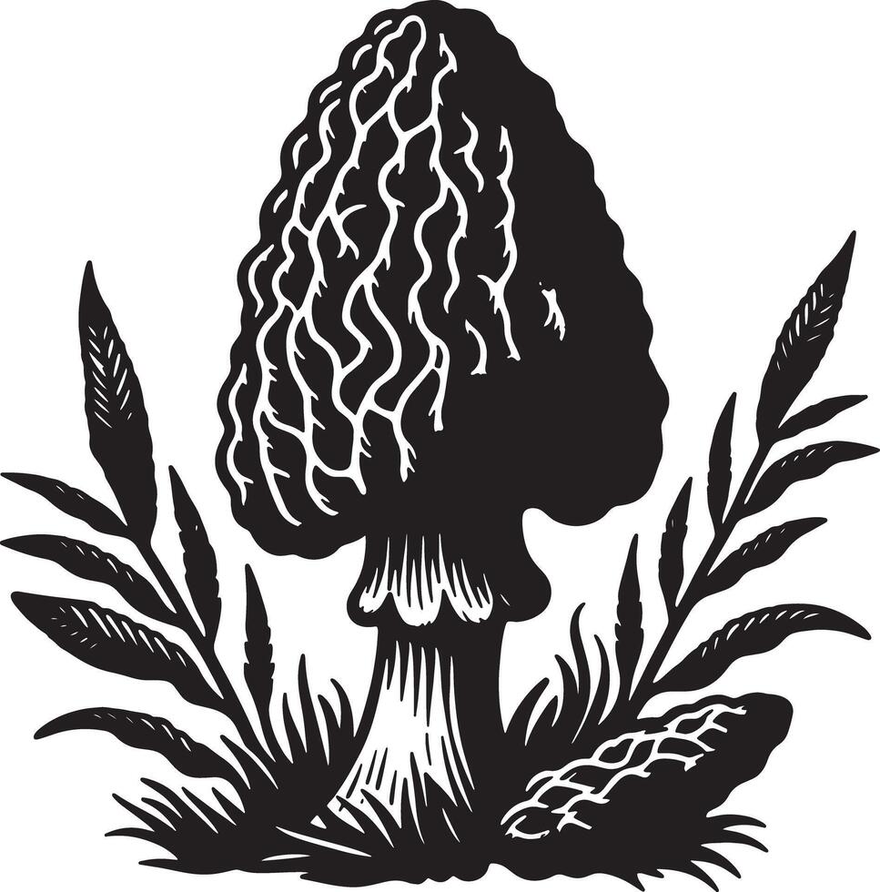 A black and white illustration of a morel mushroom with grass and leafy plants vector