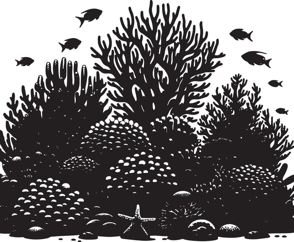 A black and white illustration of coral reefs and fish swimming above them in the sea vector