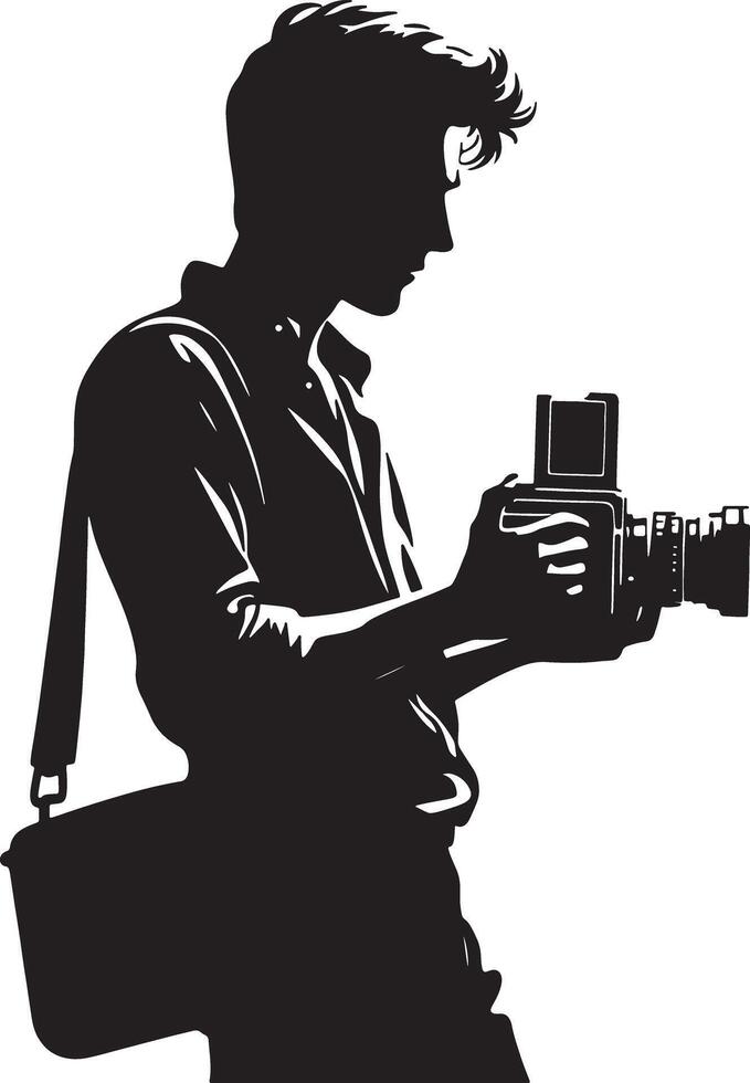Silhouette of a man holding a camera with a bag slung over his shoulder in profile vector