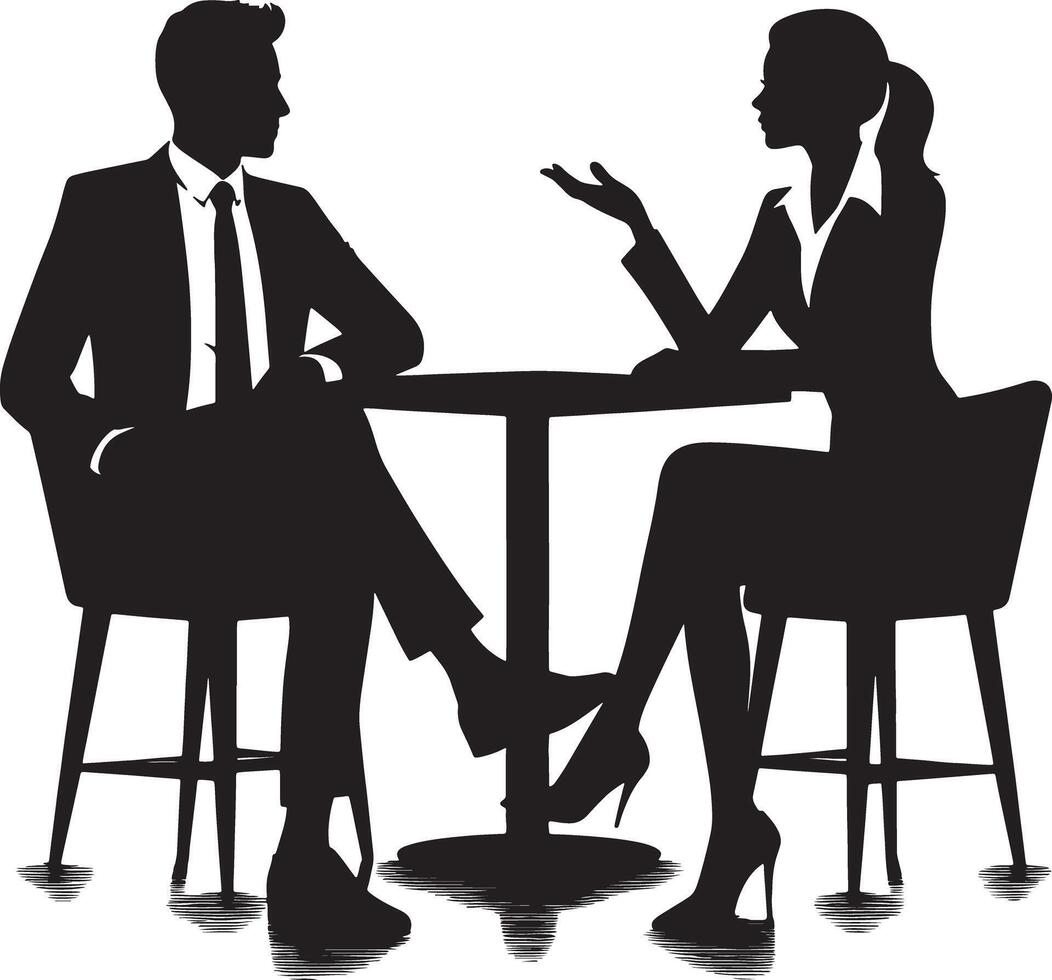 Silhouette of a man and woman in suits seated at a table in a business meeting vector