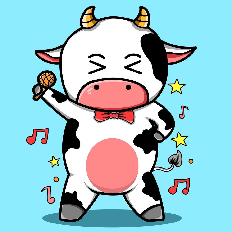Singing cartoon cow with microphone and music notes vector