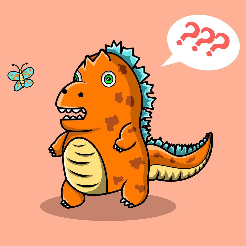 Surprised Dinosaur and Butterfly with cartoon style on isolated background vector