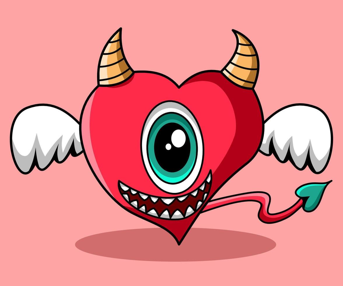 Cute evil monster heart with wings with cartoon style vector