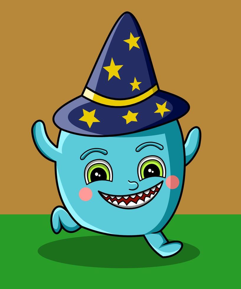 Cute cartoon wizard monster running with joyfully vector