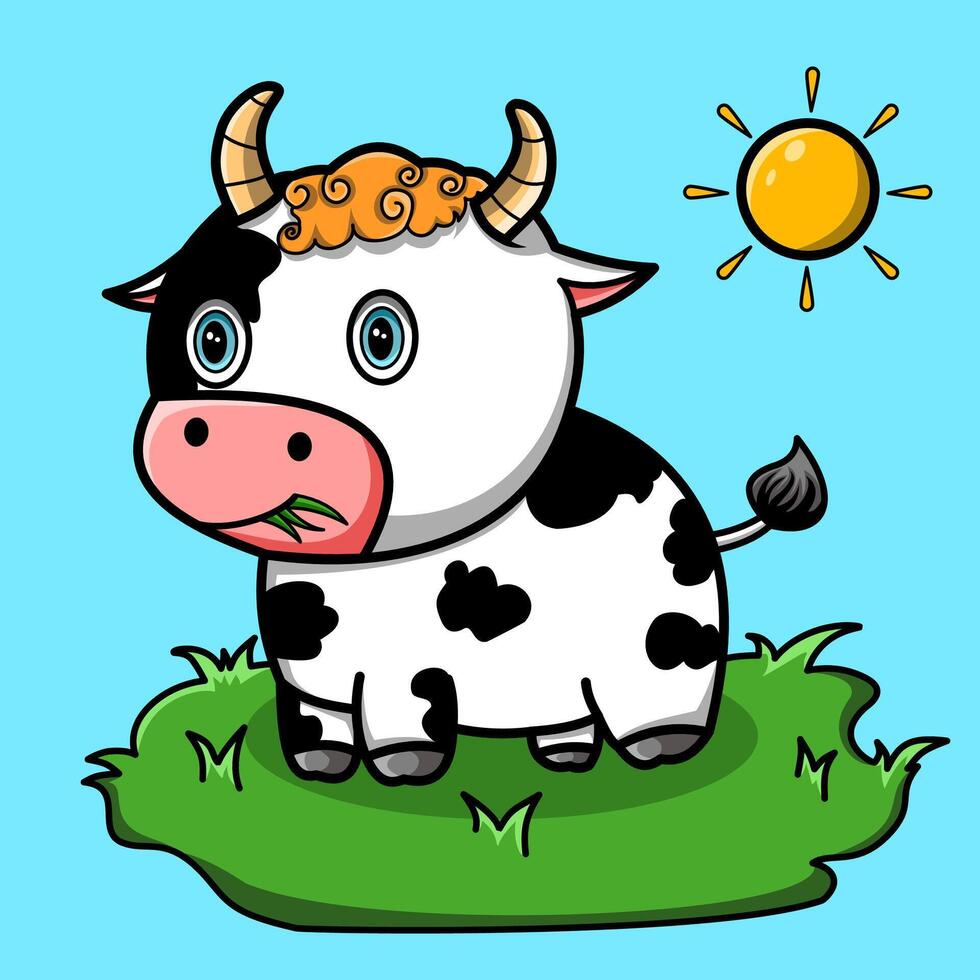 Cute cartoon cow illustration eating a grass vector