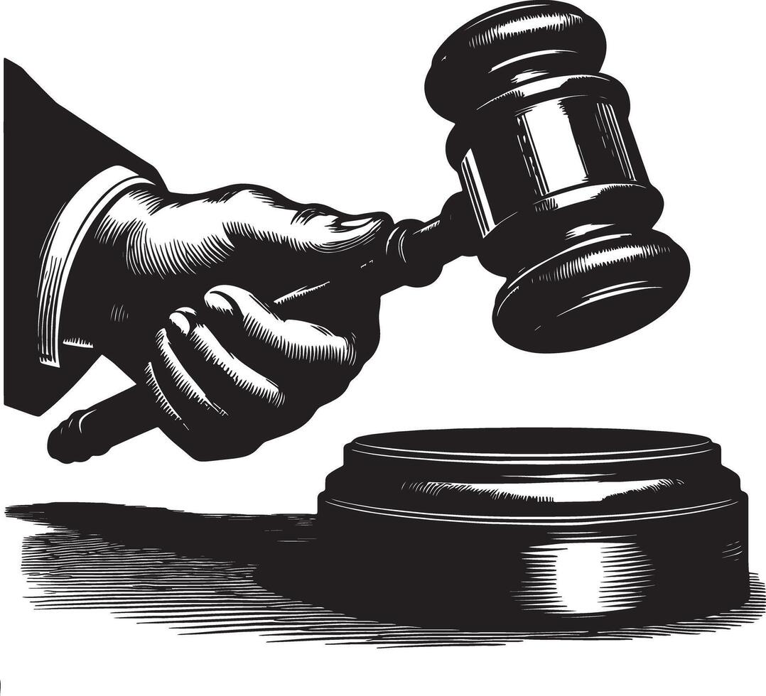 A monochrome illustration of a hand holding a gavel above a sounding block artwork vector