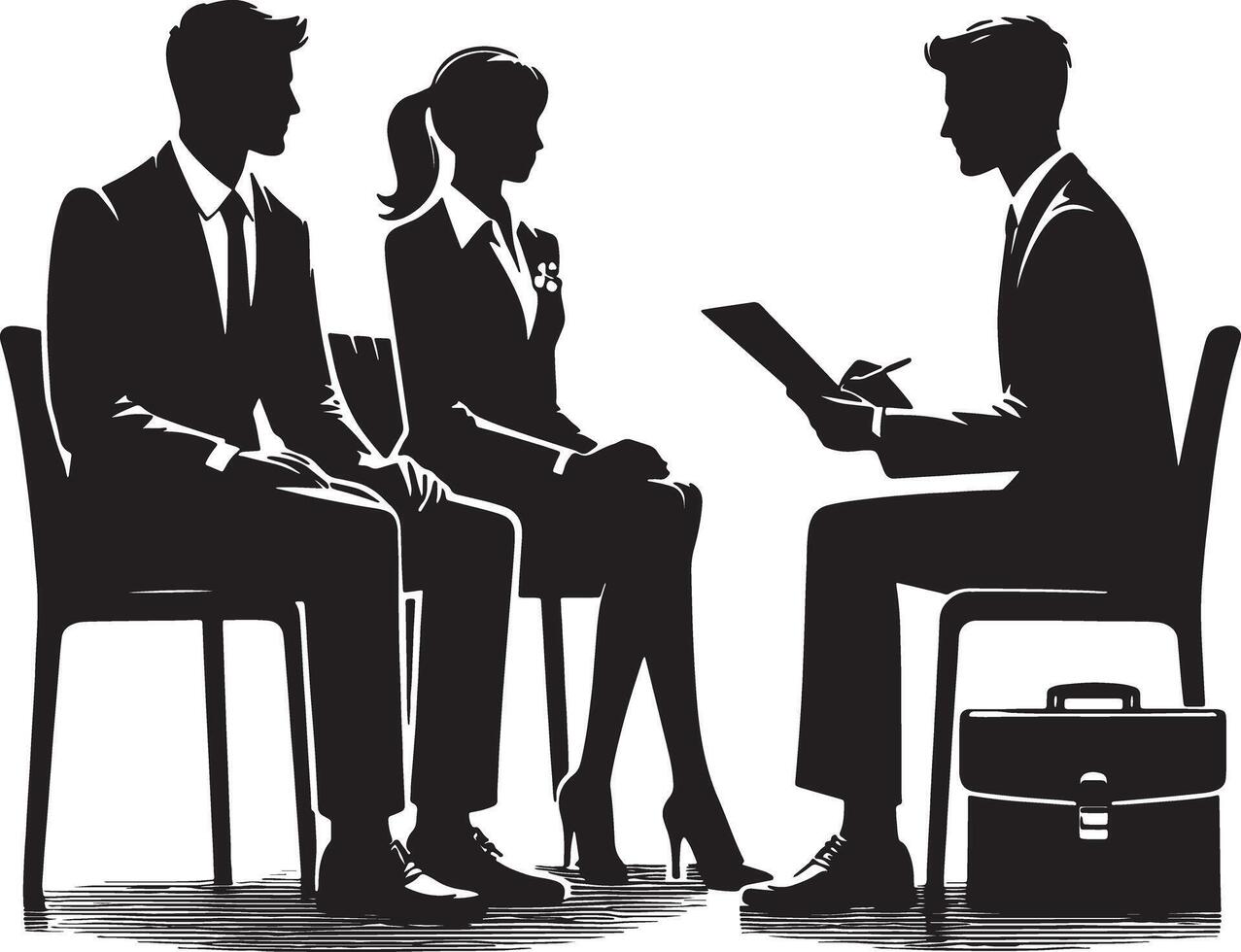 Silhouetted man and woman in suits sitting for an interview with a man holding a pad vector