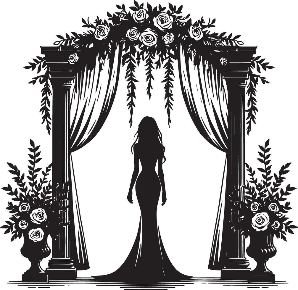 Silhouette of a woman in a gown standing under a floral archway with columns and vases vector