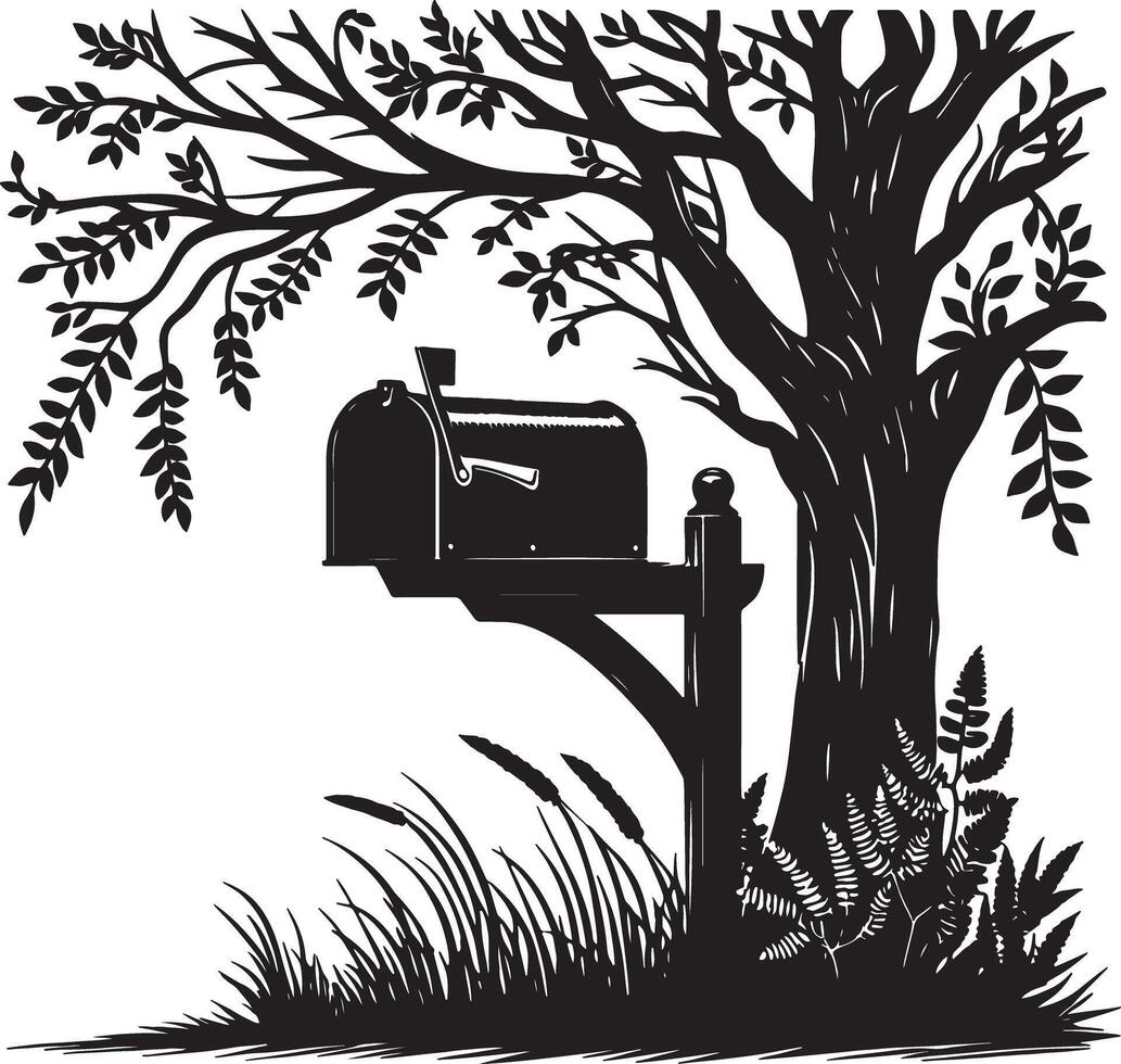 A black and white illustration of a mailbox under a tree with grass and ferns around vector