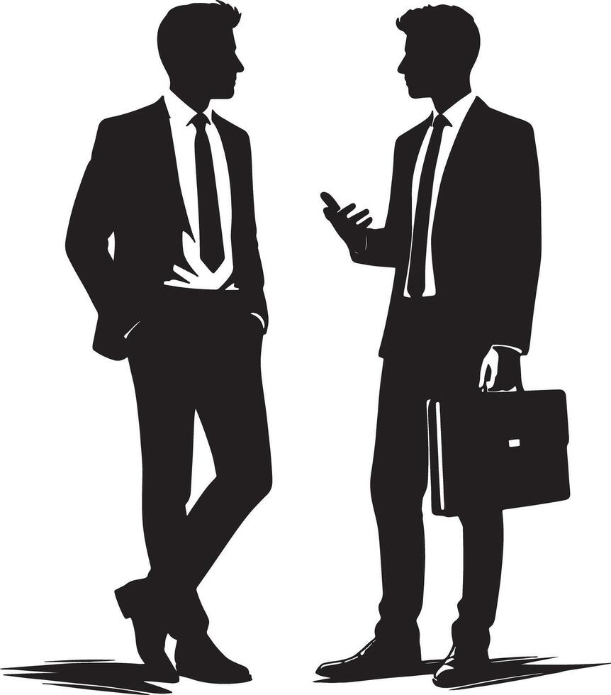 Silhouette of two businessmen in suits discussing with a briefcase present image vector