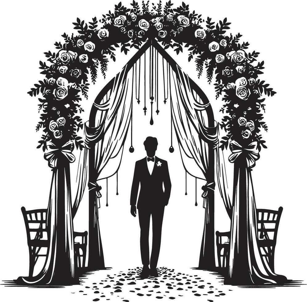 Silhouette of groom standing under floral wedding arch with draped fabric and chairs vector