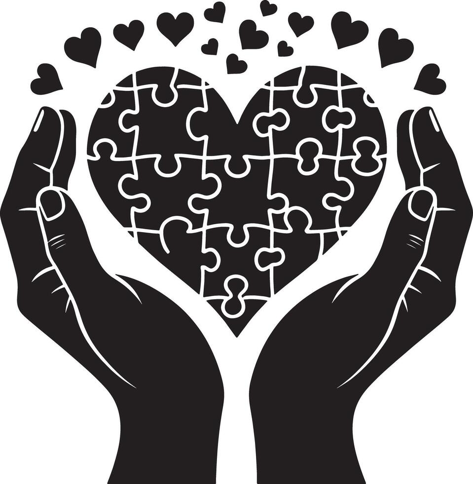 Two hands holding a heart made of jigsaw puzzle pieces with small hearts floating above vector