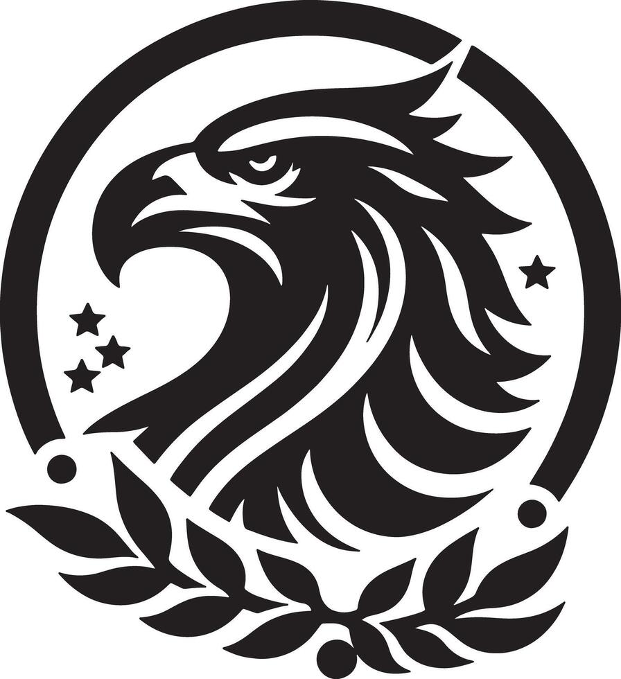 Black and white emblem of an eagle head inside a circle with stars and laurel leaves vector