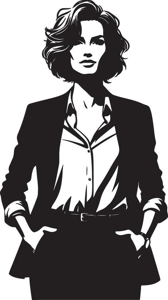 Stylized monochrome illustration of a woman in business attire with hands in pockets vector