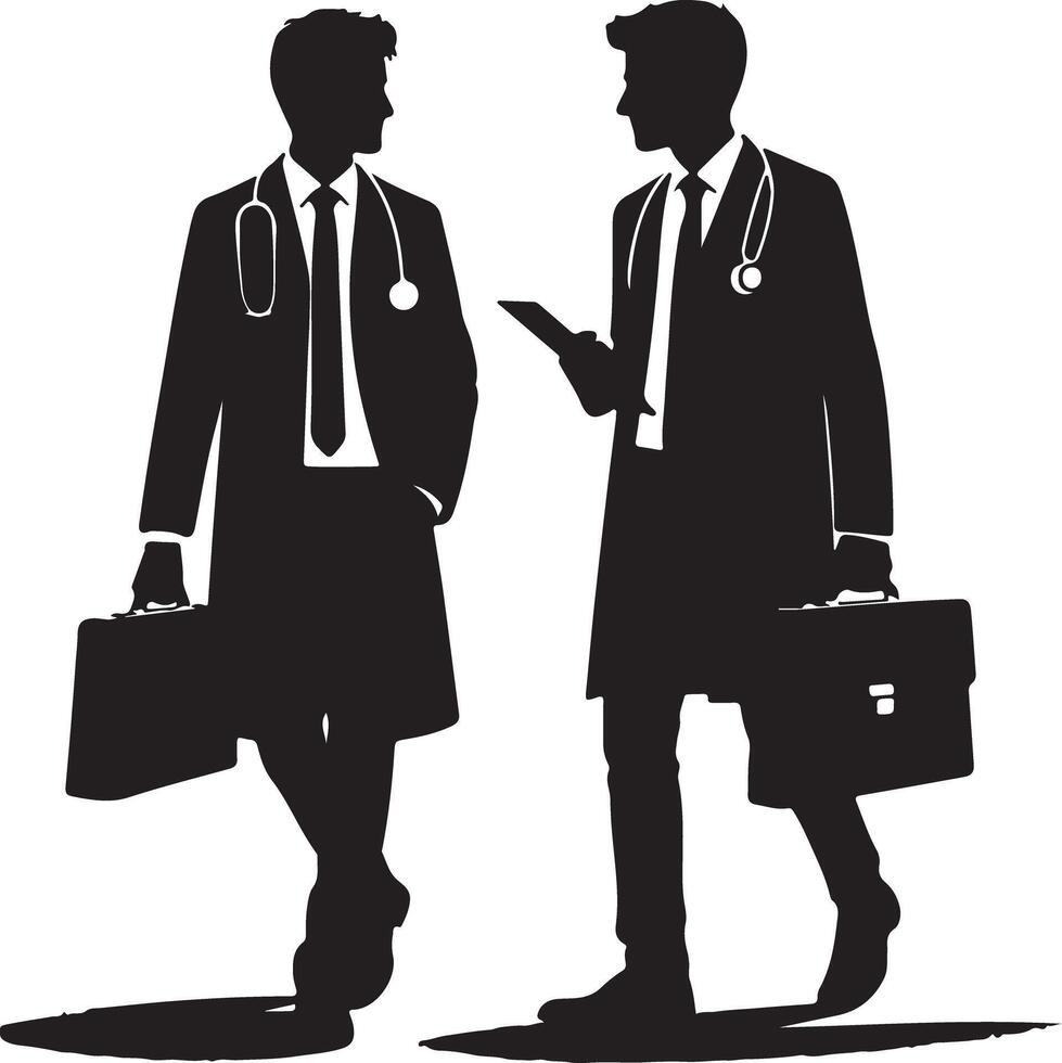 Silhouette of two doctors in coats with stethoscopes holding briefcases and a tablet vector