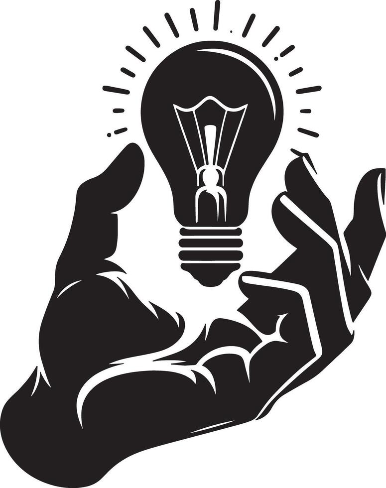 A hand holding a lightbulb with radiating lines in a black and white illustration vector