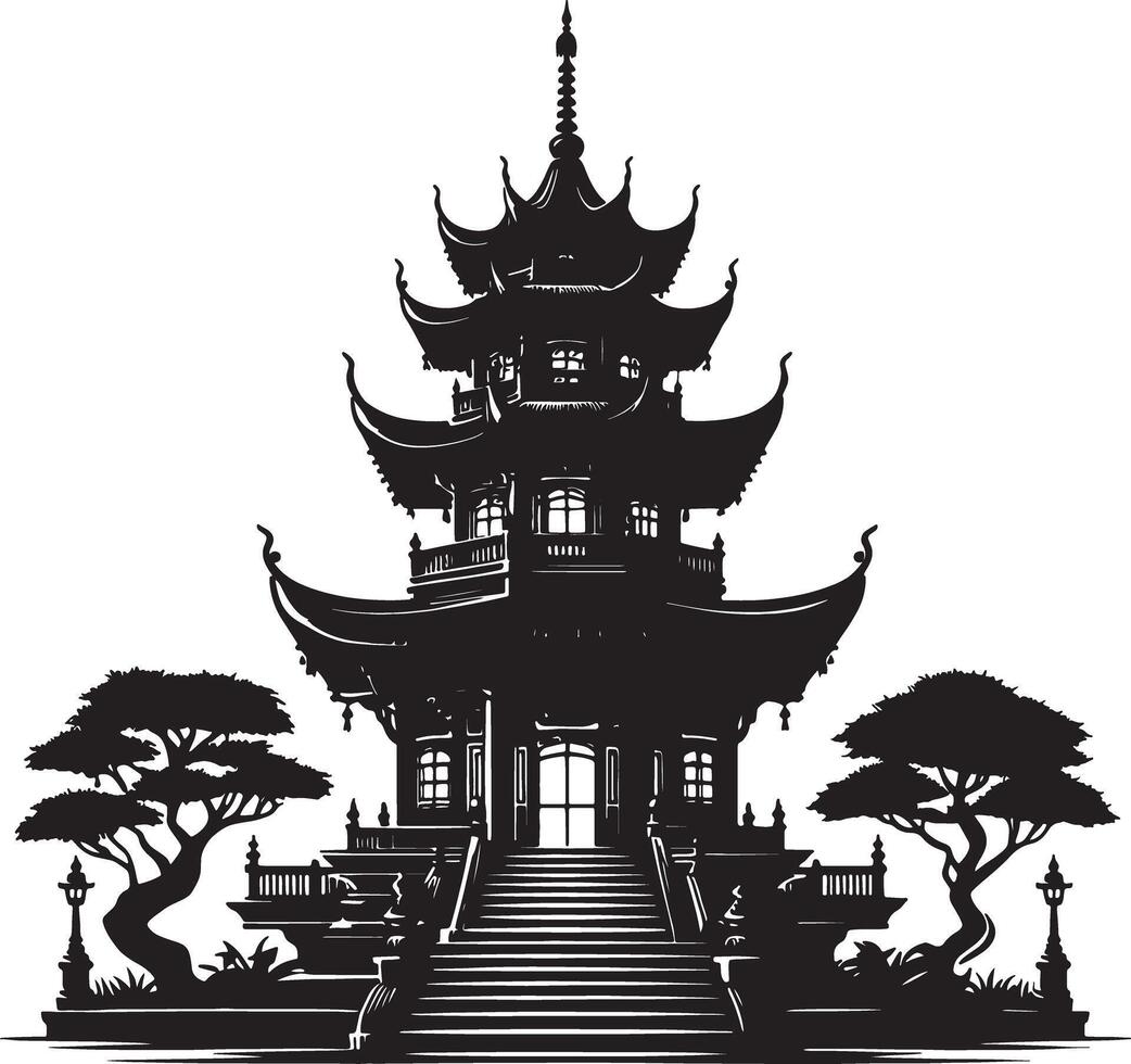 A detailed black and white illustration of a pagoda with trees and stairs around it vector