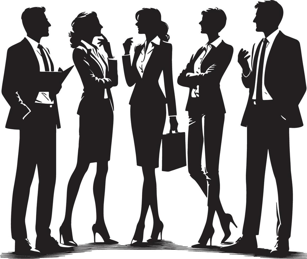 Silhouettes of five business people in suits standing together in a group setting vector