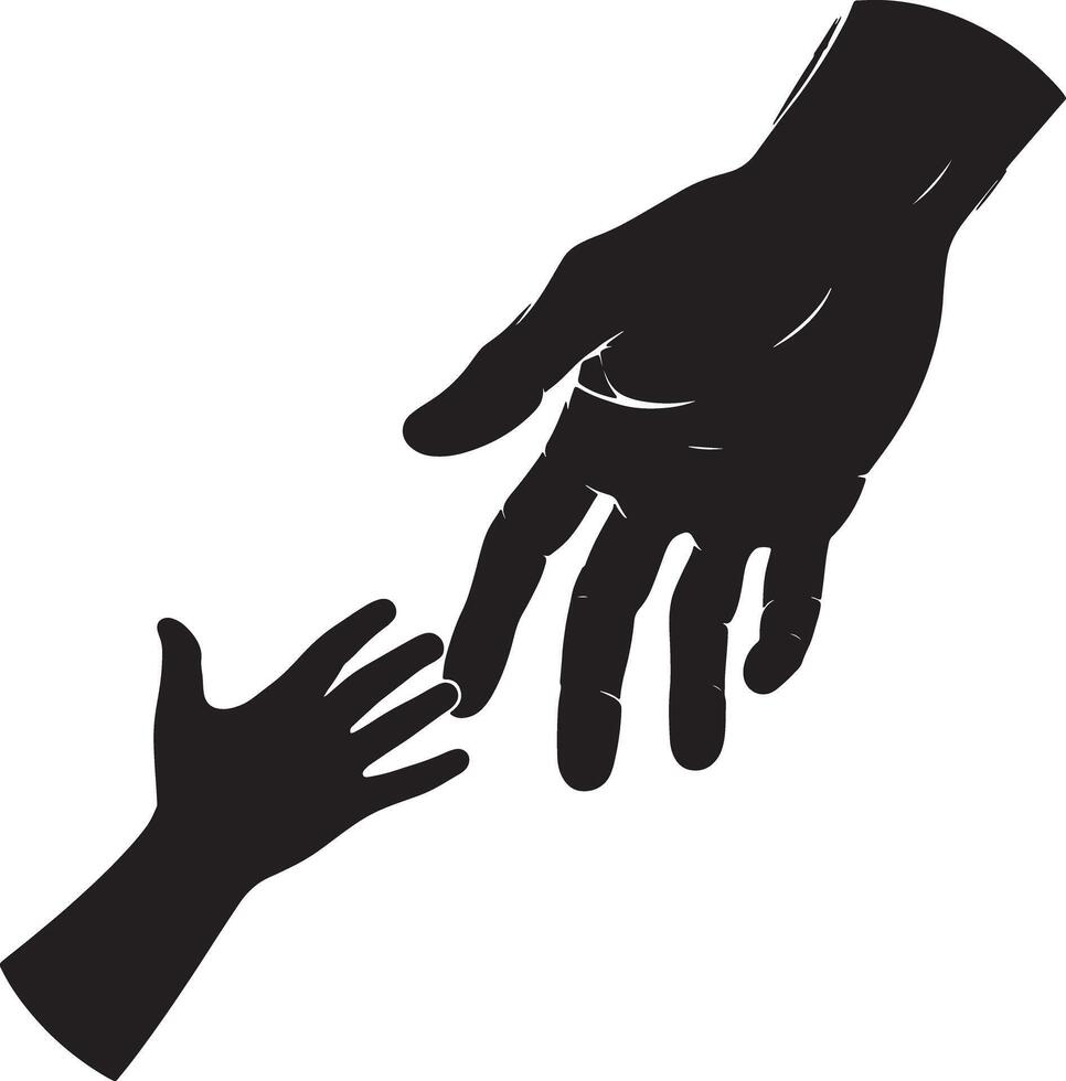 A graphic representation of two hands reaching out to each other in black and white vector