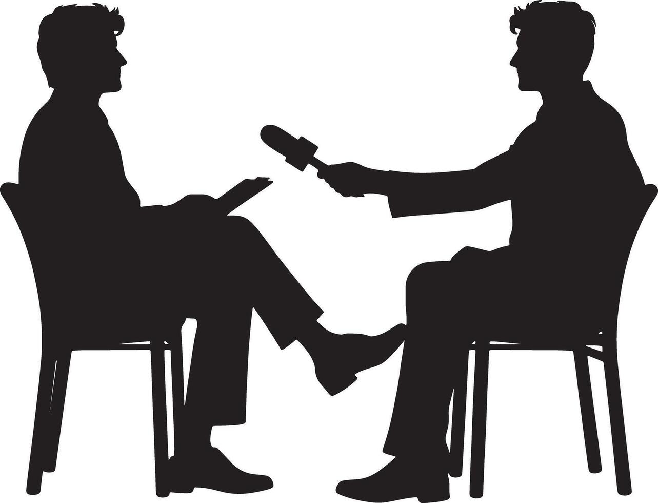 Silhouette of two men in an interview setting with one holding a microphone talking vector