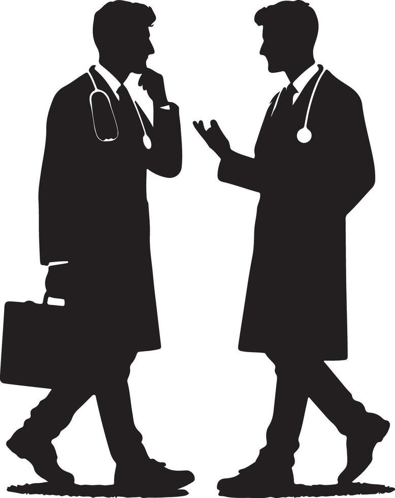 Silhouette of two doctors in lab coats conversing with one holding a briefcase in hand vector
