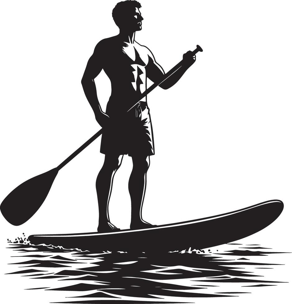 Silhouette of a muscular man paddleboarding on water with a paddle in his hands vector