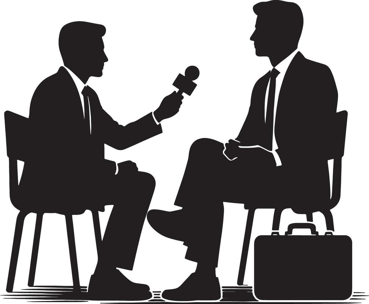 Silhouette of man interviewing another man with a microphone in a studio setting vector
