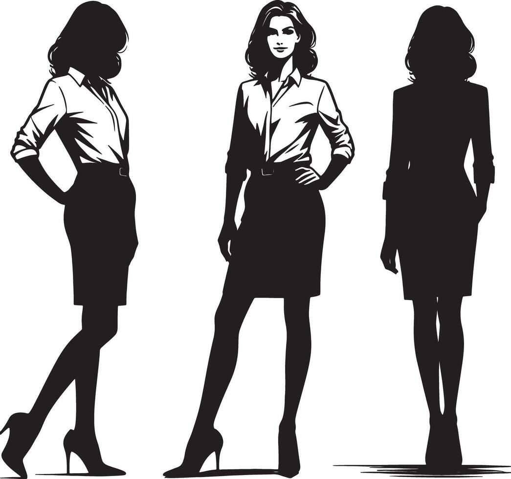 Three silhouettes of a woman in a skirt and blouse posing in different positions vector