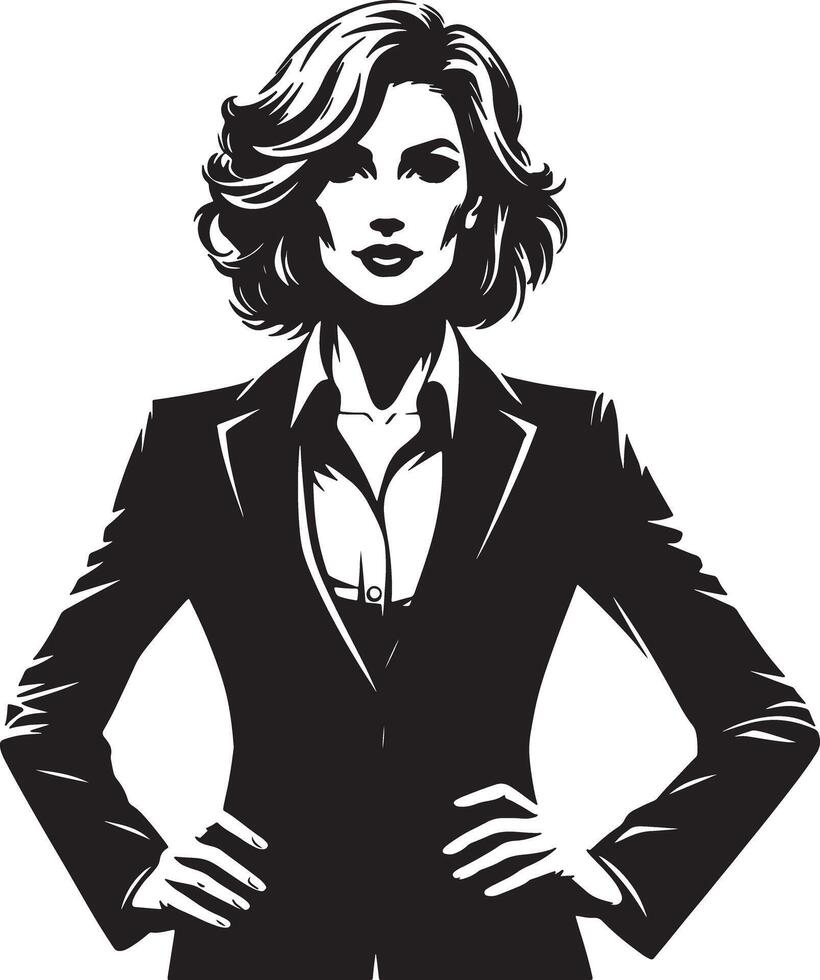A monochrome illustration of a woman in a business suit with hands on her hips posing vector