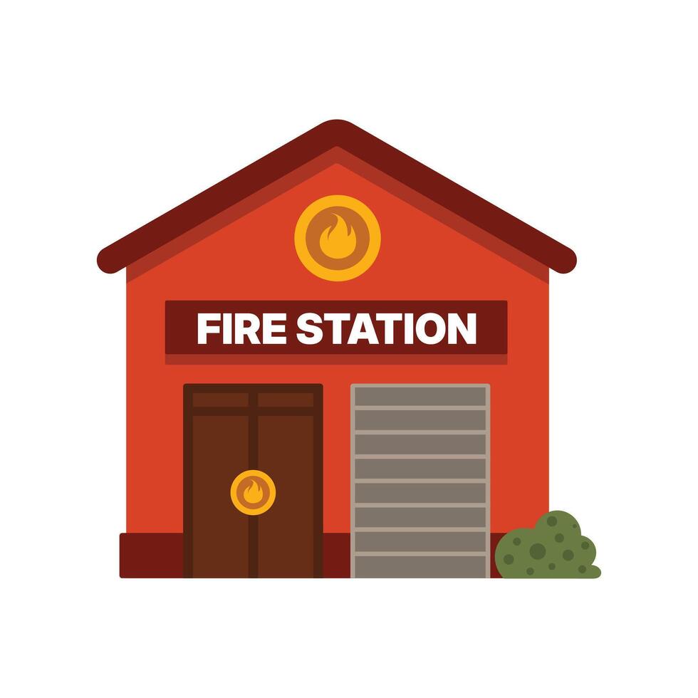 Flat Design Fire Station Building with Garage and Fire Symbol vector
